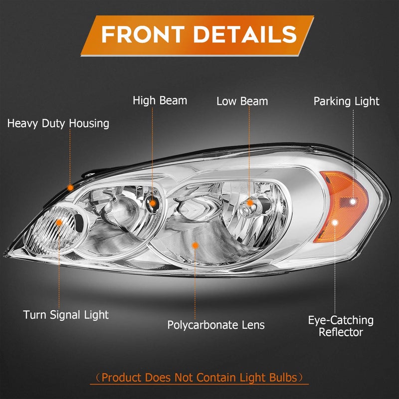 LBRST Headlight Assembly For Chevy Impala 2006-2013 For Chevy Impala Limited 2014-2016 For Chevy Monte Carlo 2006-2007 Chrome Housing Amber Reflector Clear Lens Driver and Passenger Side Headlamp - Image 3